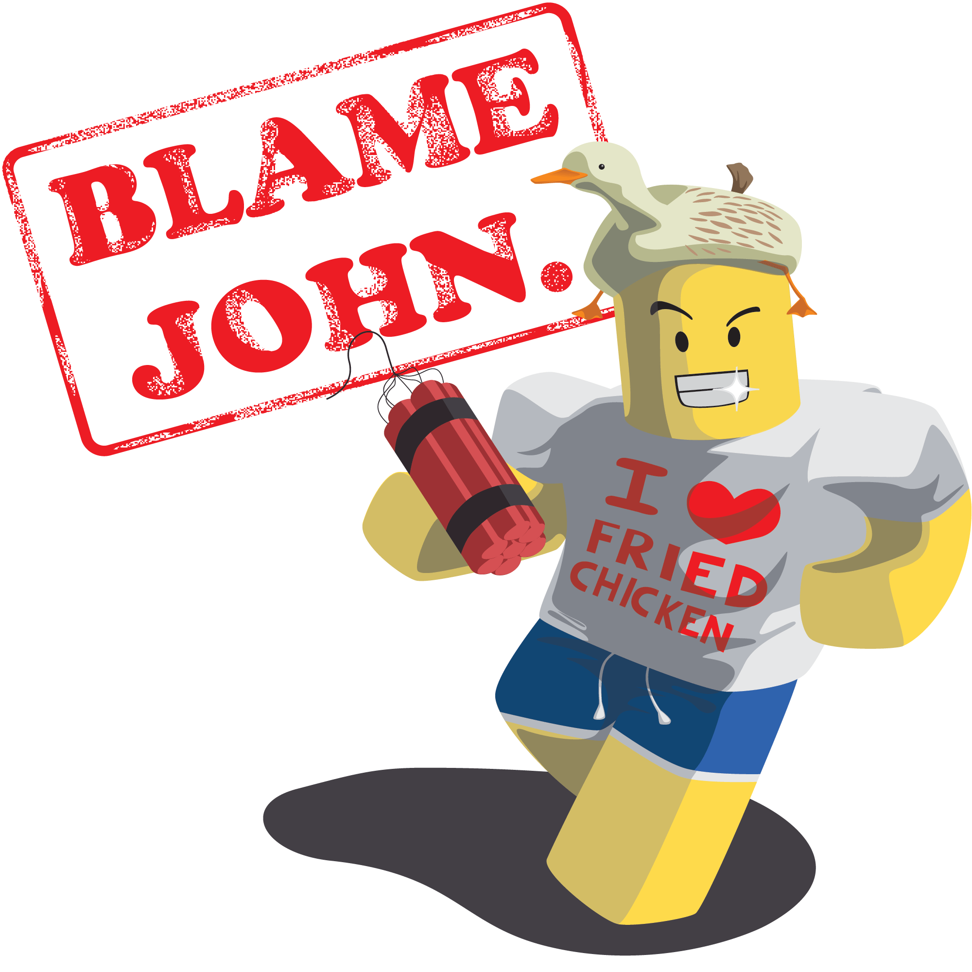 A blocky John holds dynamite beneath a BLAME JOHN stamp