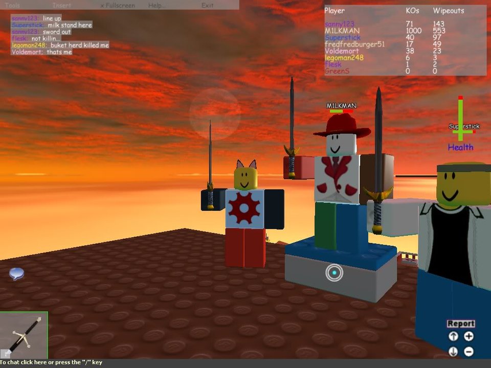 Three classic blocky sword fighters under the orange SFOTH sky, with chat and KO counters visible
