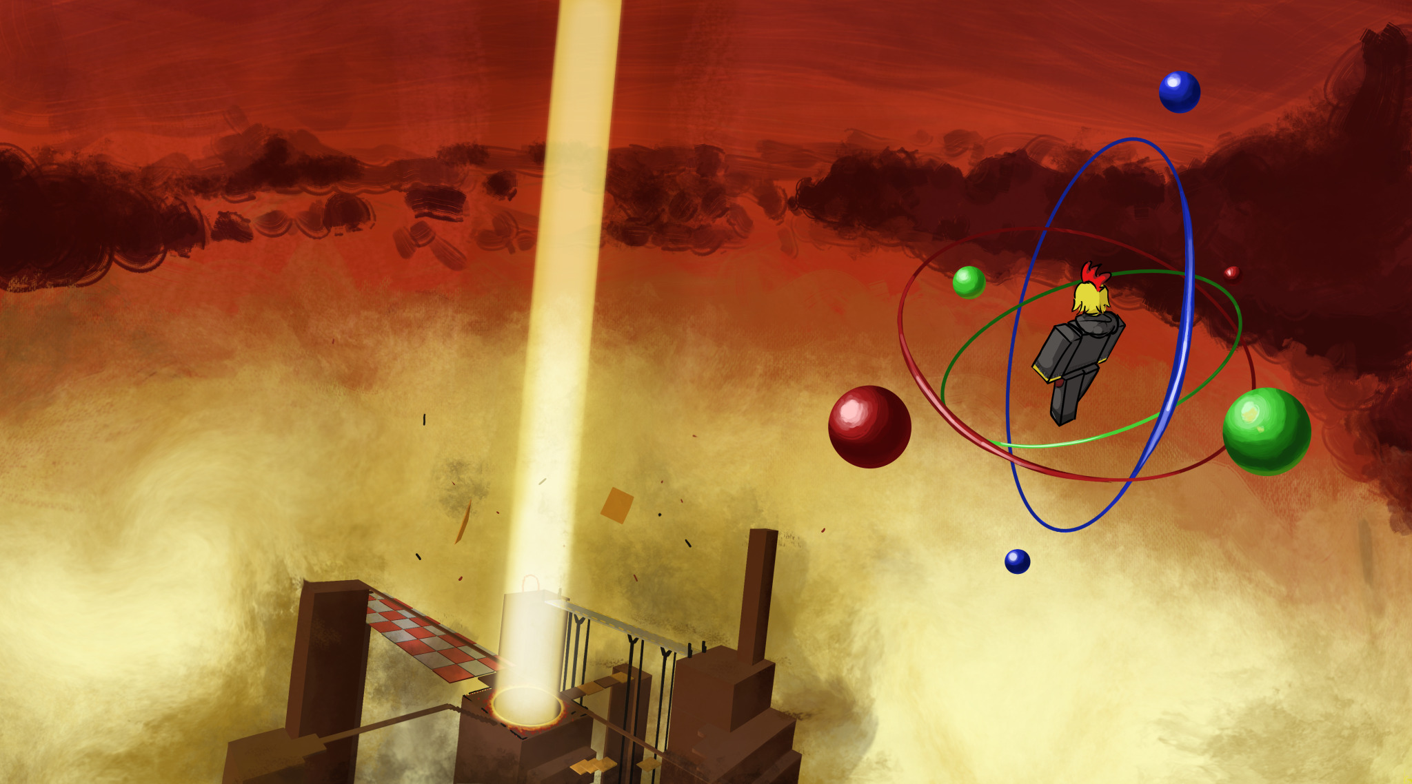 Painted SFOTH arena below a glowing beam, with a sword fighter floating against a red sky