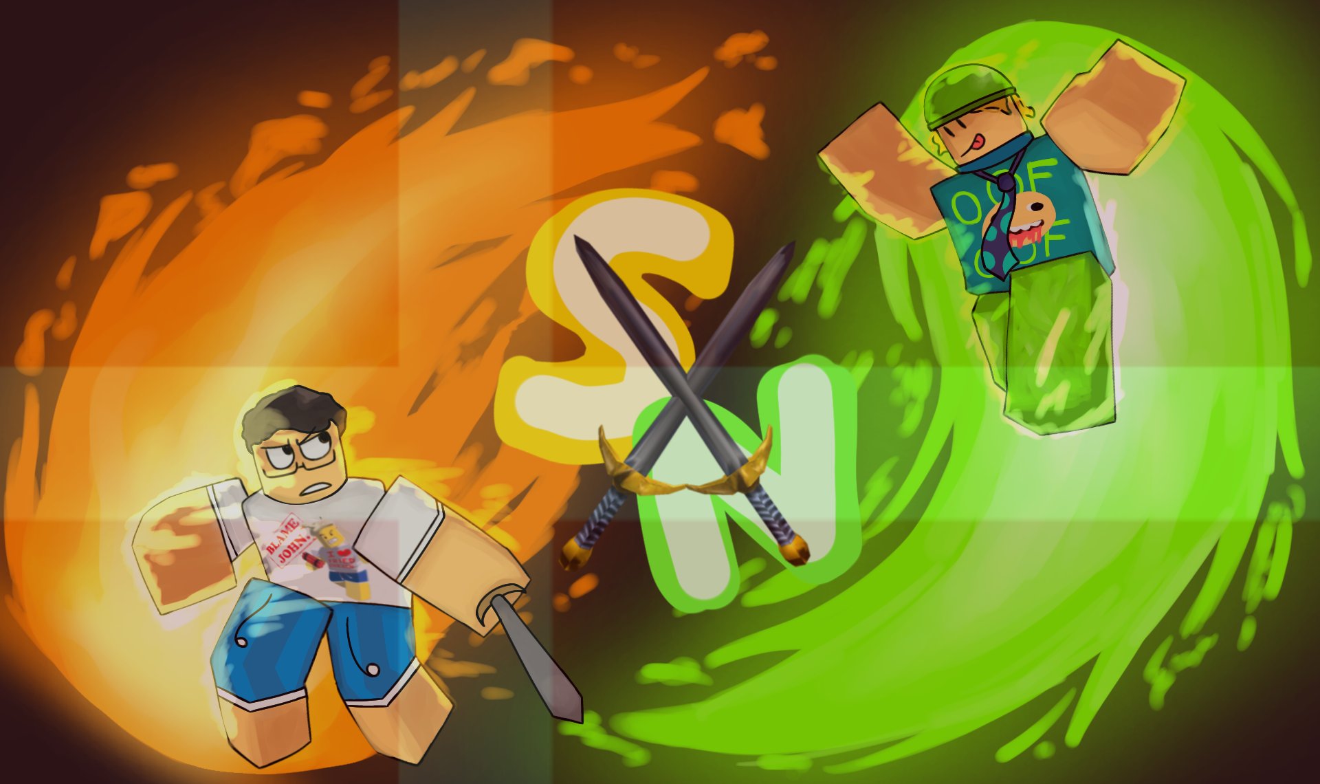 Two Roblox sword fighters meet in a vivid green and orange clash