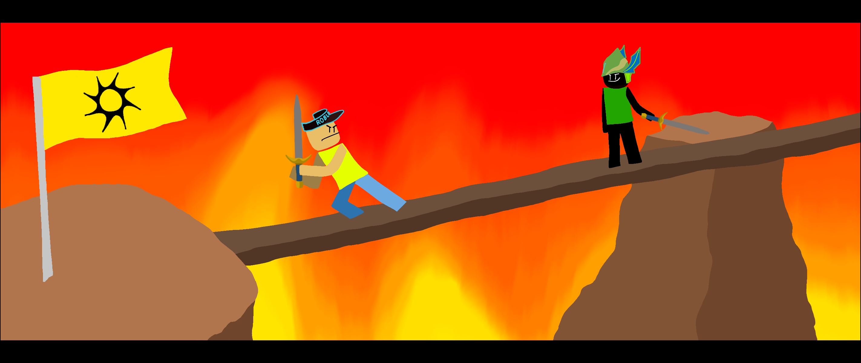 Two colorful sword fighters face off across a narrow bridge above lava
