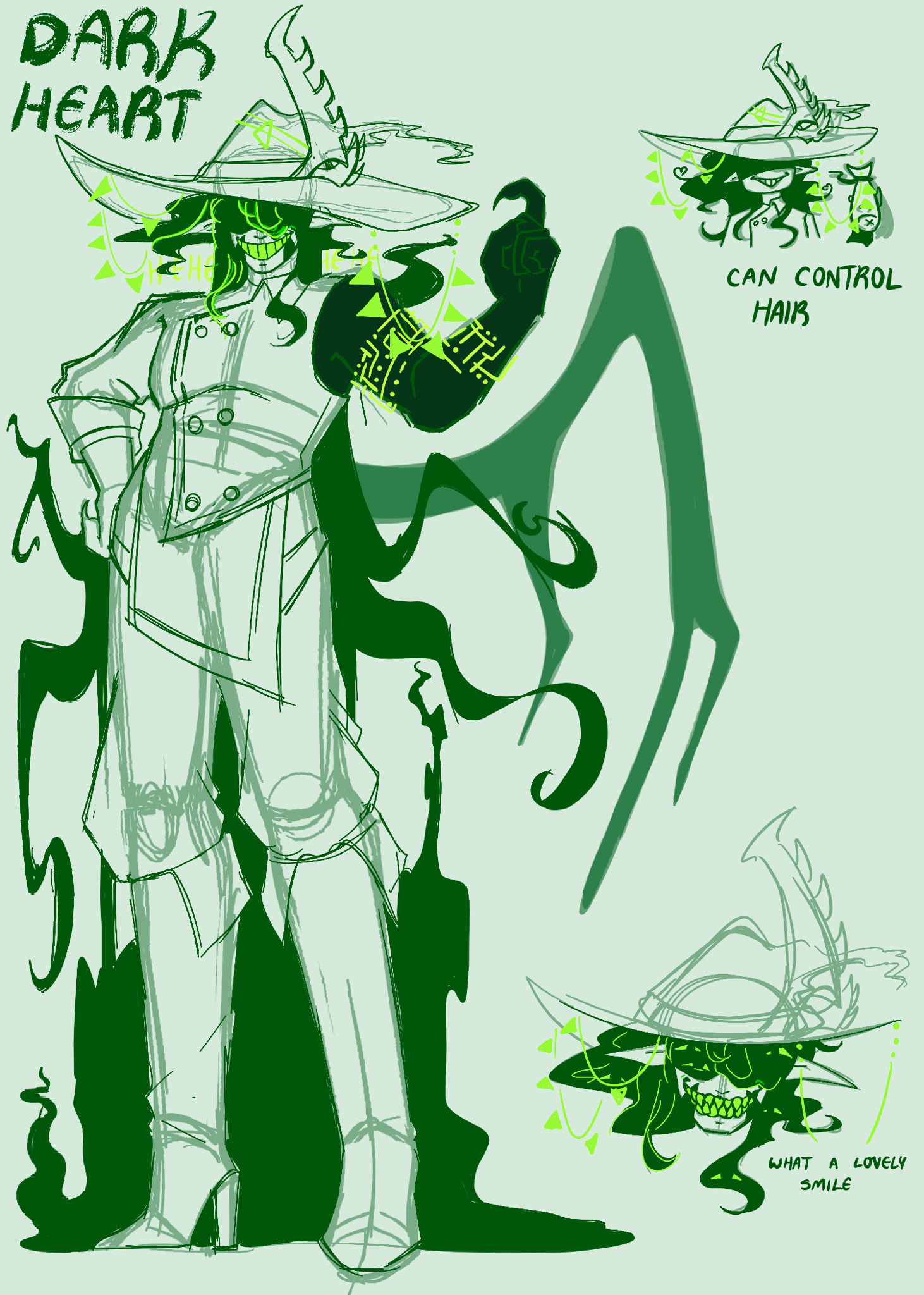 Green character design sheet imagining Darkheart as a person