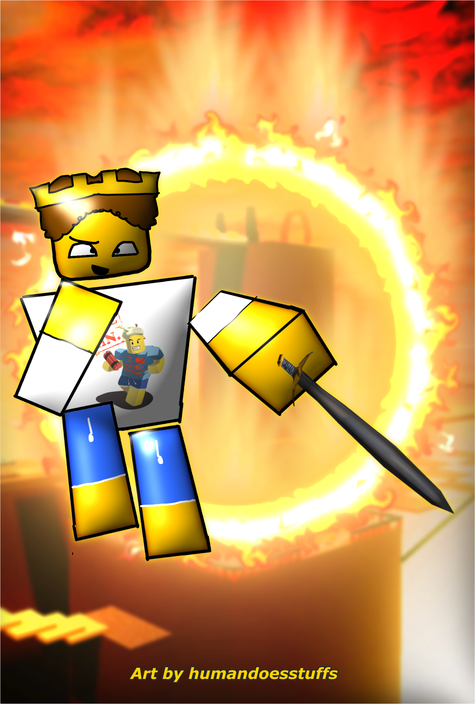 A classic blocky Roblox swordsman stands before a bright ring of fire