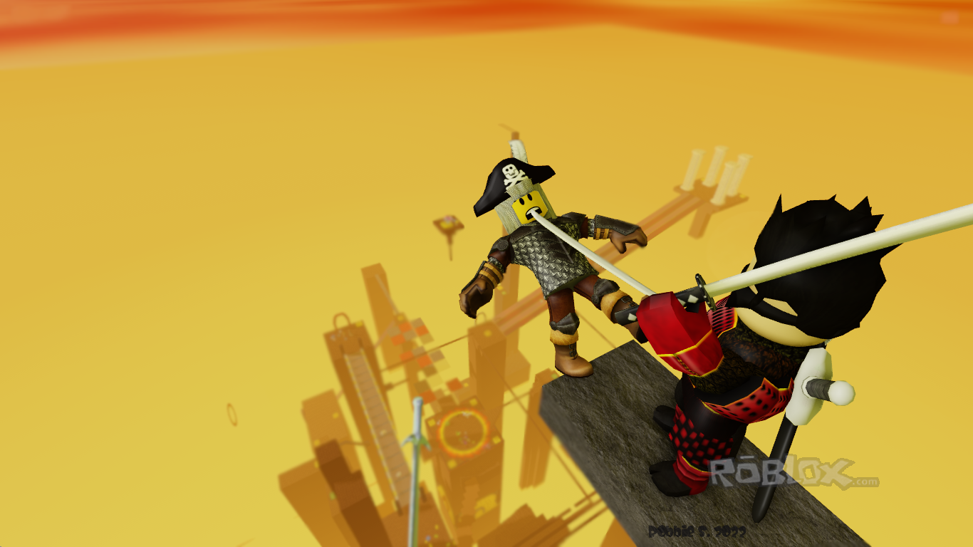 Two blocky fighters duel above the orange SFOTH landscape