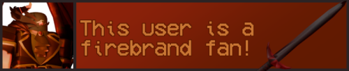 Pixel-art banner reading This user is a Firebrand fan, with Firebrand art and a sword