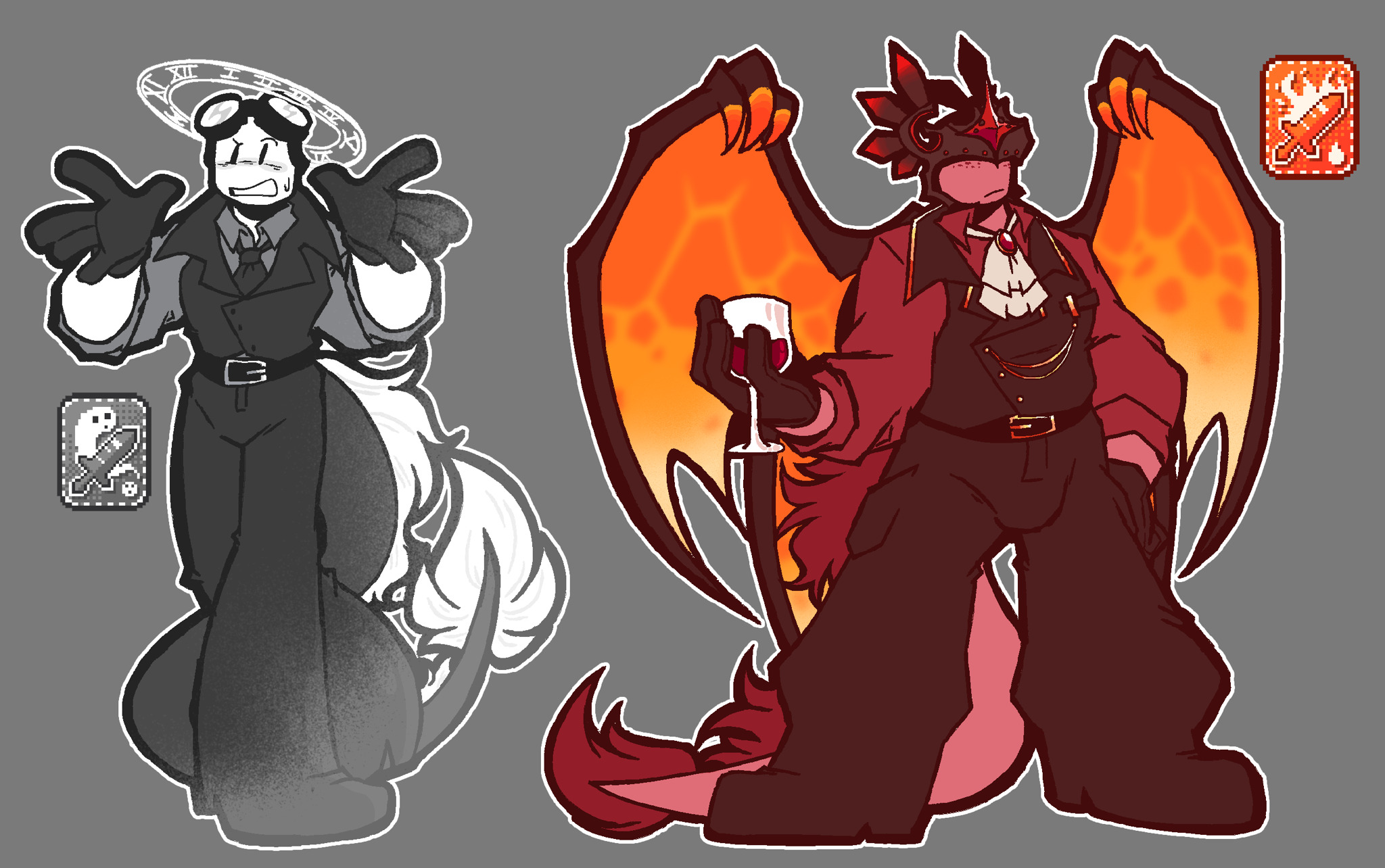 Personified Ghostwalker and Firebrand pose beside their sword icons