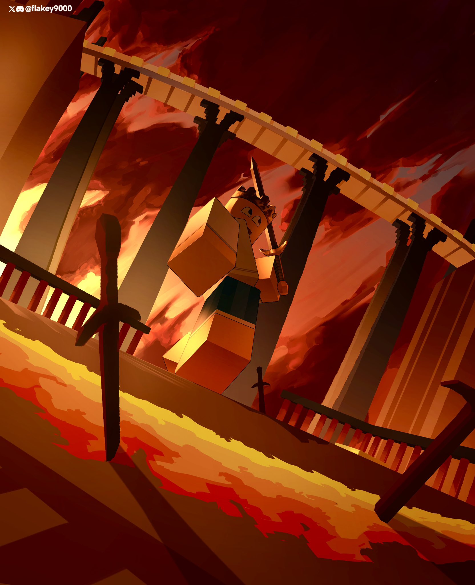 A sword fighter charges through a fiery scene with a glowing sword