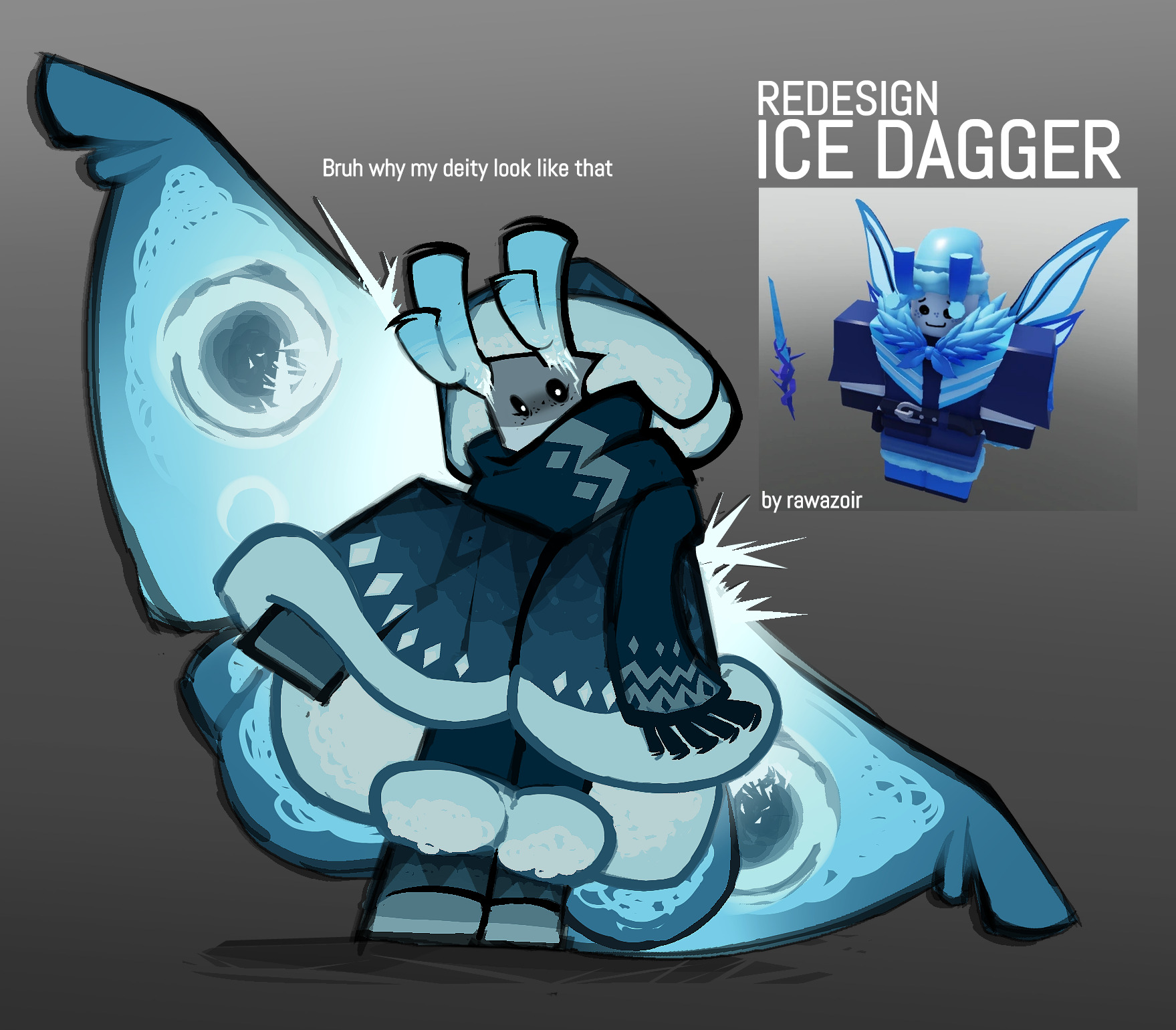 Blue Ice Dagger character redesign beside the artist's Roblox avatar reference