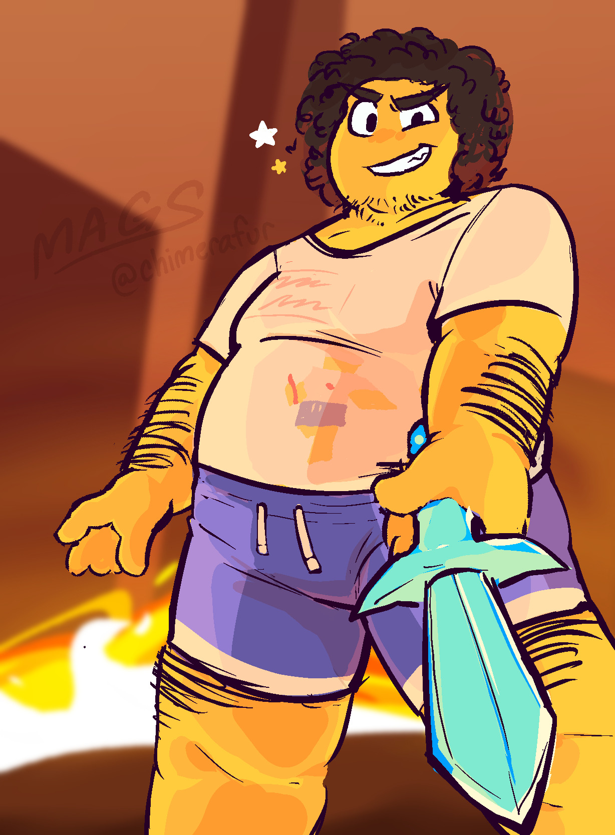 A brightly drawn Roblox fighter holds the Ice Dagger with fire behind him