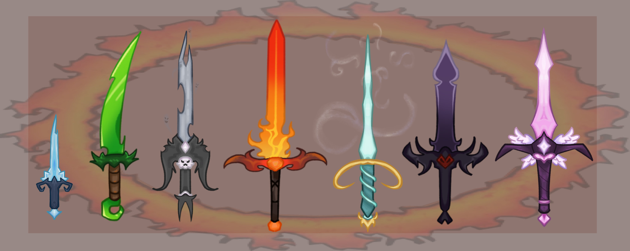 Seven stylized SFOTH swords arranged across an illustrated stone background