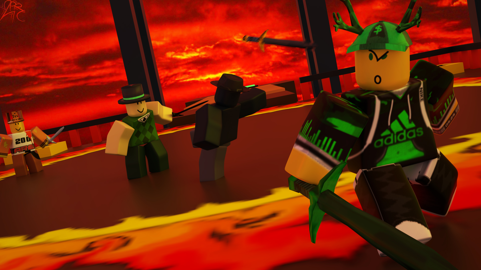 Roblox sword fighters pose on platforms above a red lava sea