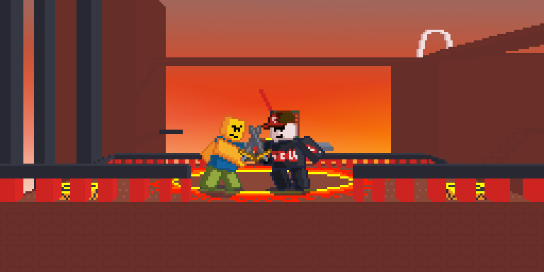 Pixel art of Roblox sword fighters on a bridge against a sunset