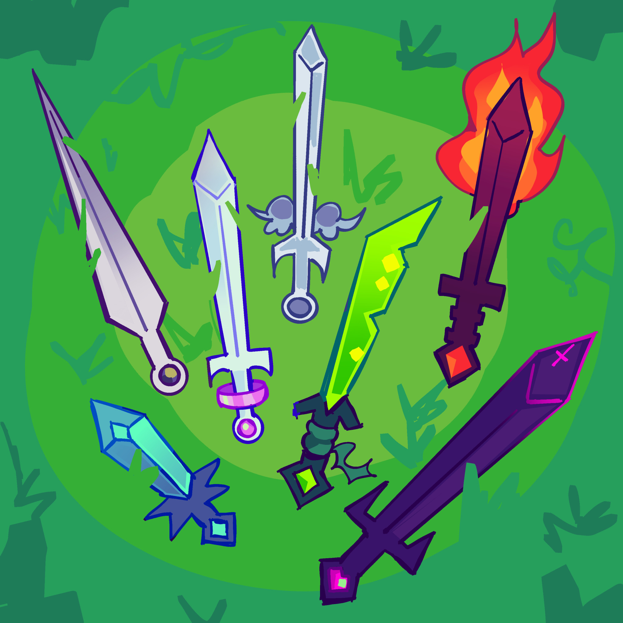Brightly colored SFOTH swords fill a vivid green illustrated poster