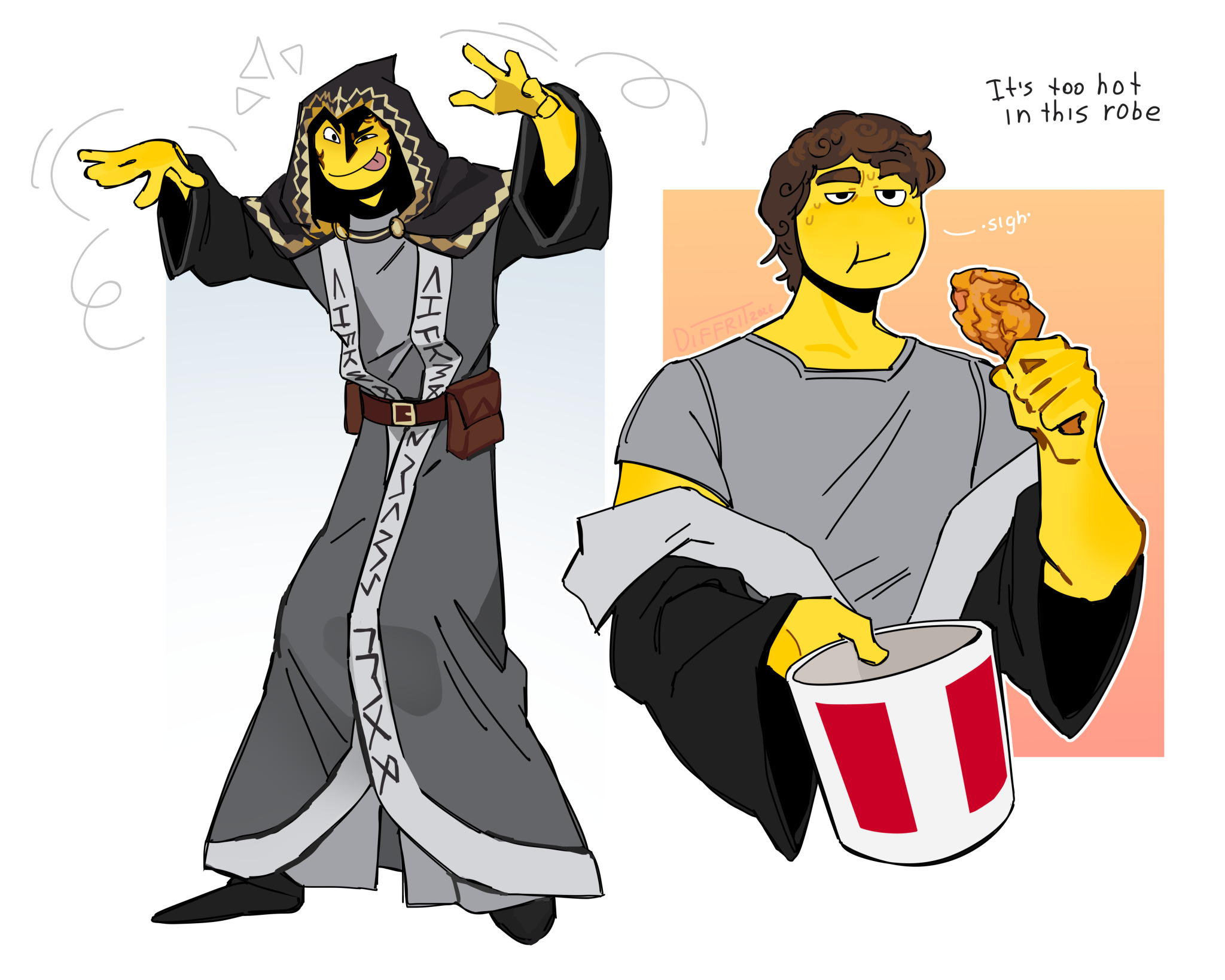 Two playful drawings of Telamon, one posing in a robe and one eating chicken