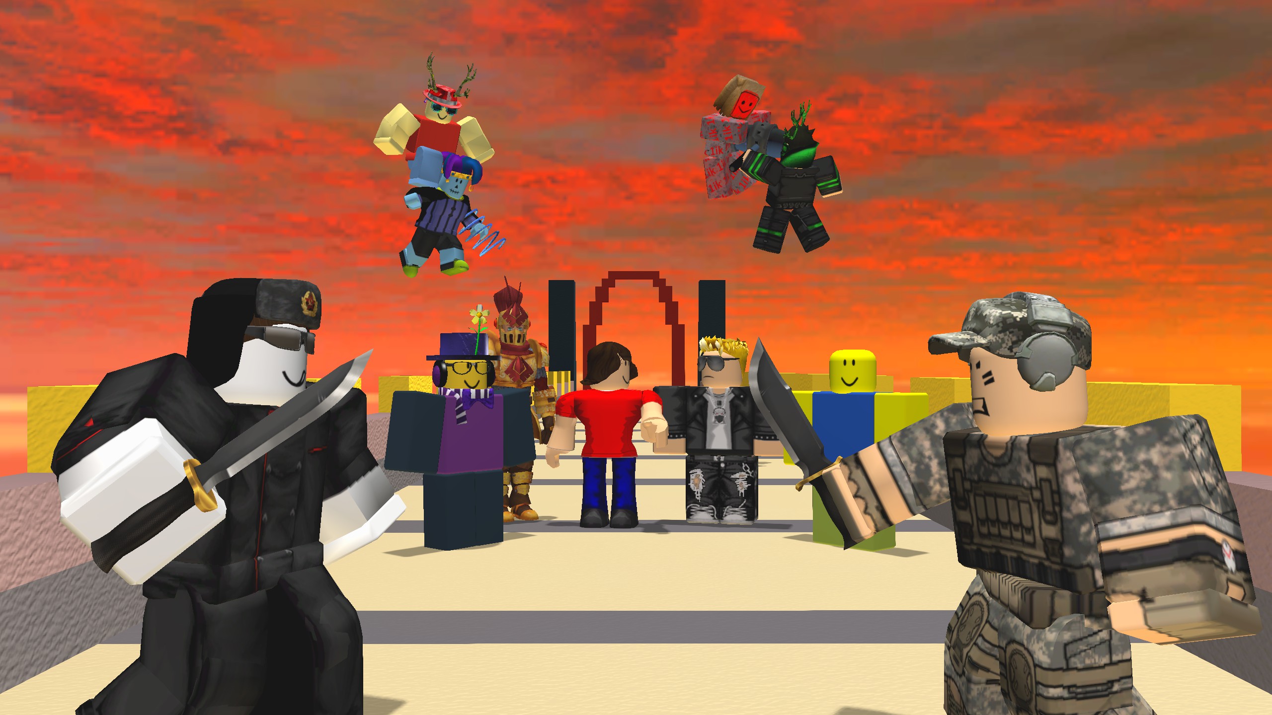 3D render of Roblox sword fighters meeting on the arena platform beneath a red sky