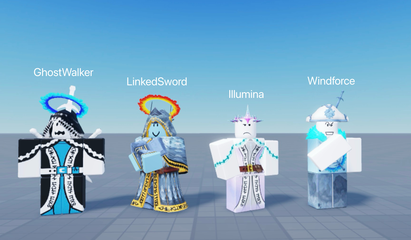Four SFOTH swords imagined as Roblox knights in matching colors
