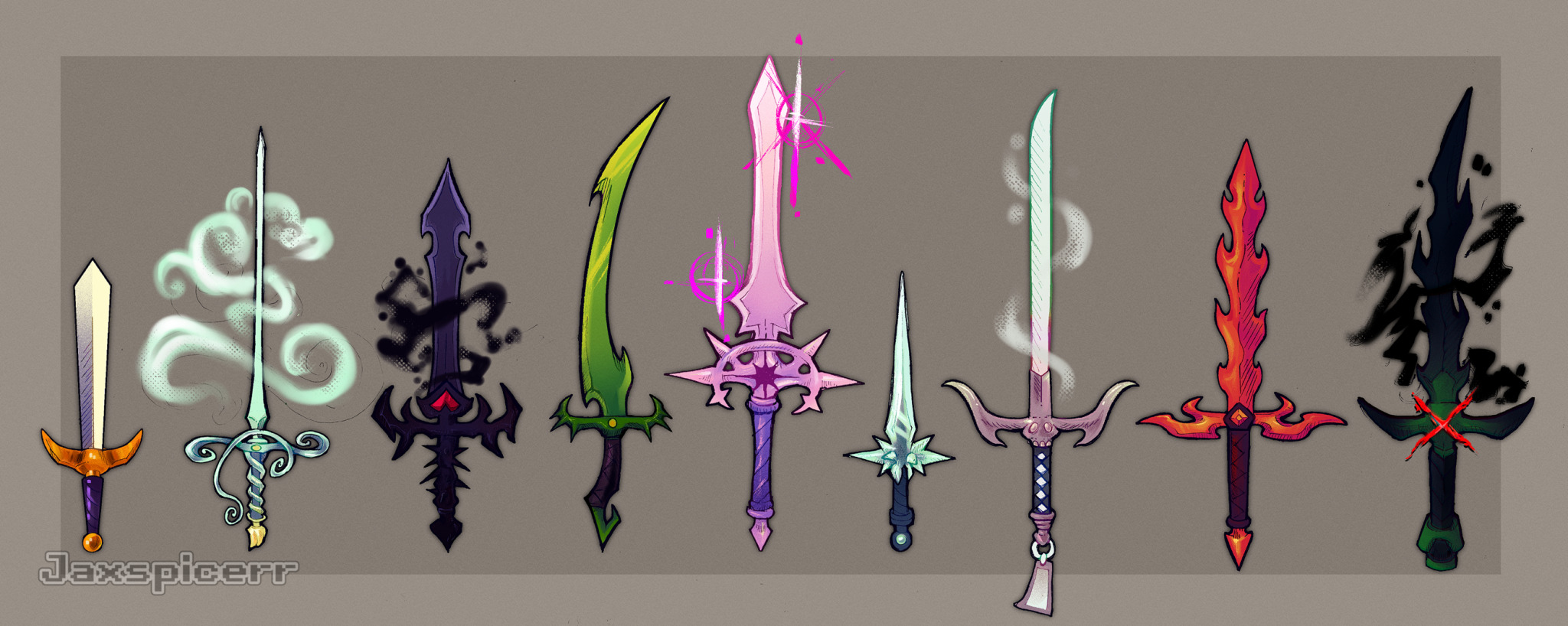 Eight imaginative sword designs arranged in a row