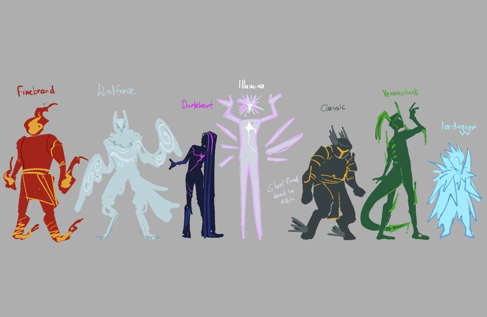 The SFOTH swords imagined as a group of colorful humanoid figures