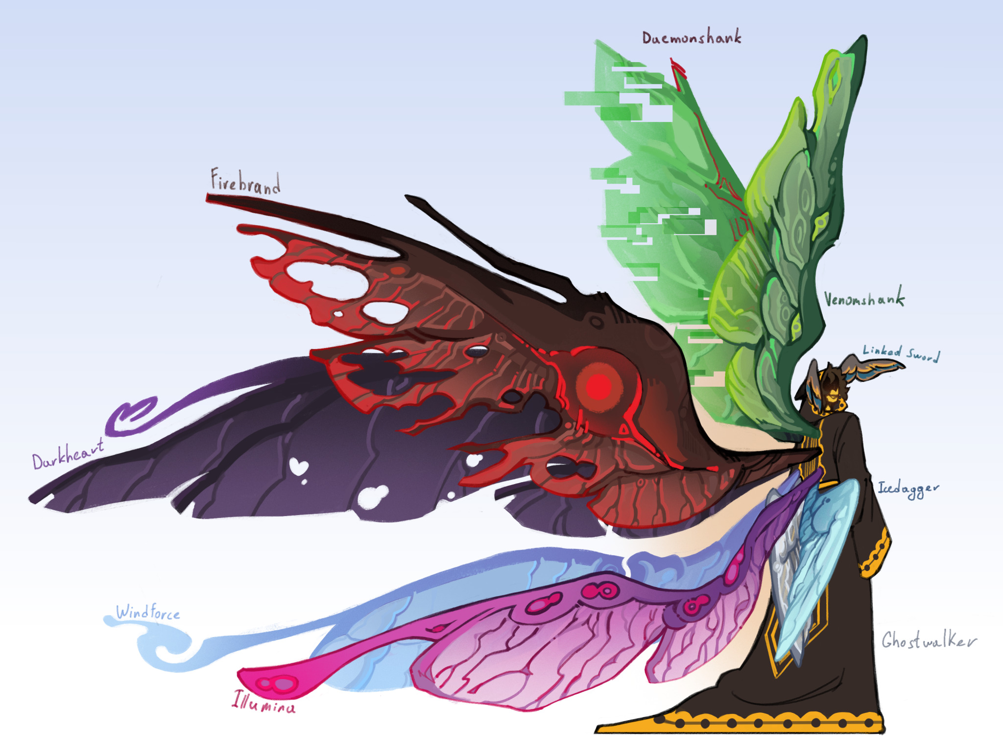 A figure with wings formed from the named SFOTH swords, each in its own color