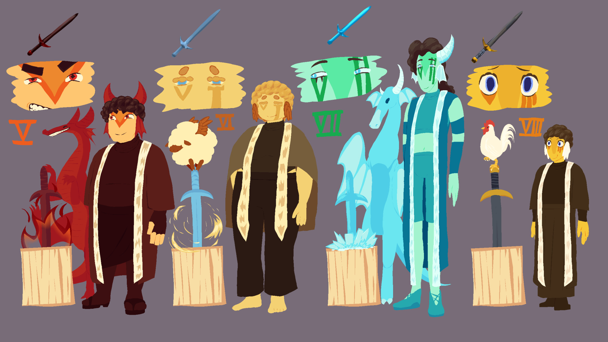 Firebrand, Windforce, Ice Dagger, and Linked Sword imagined as characters with their blades