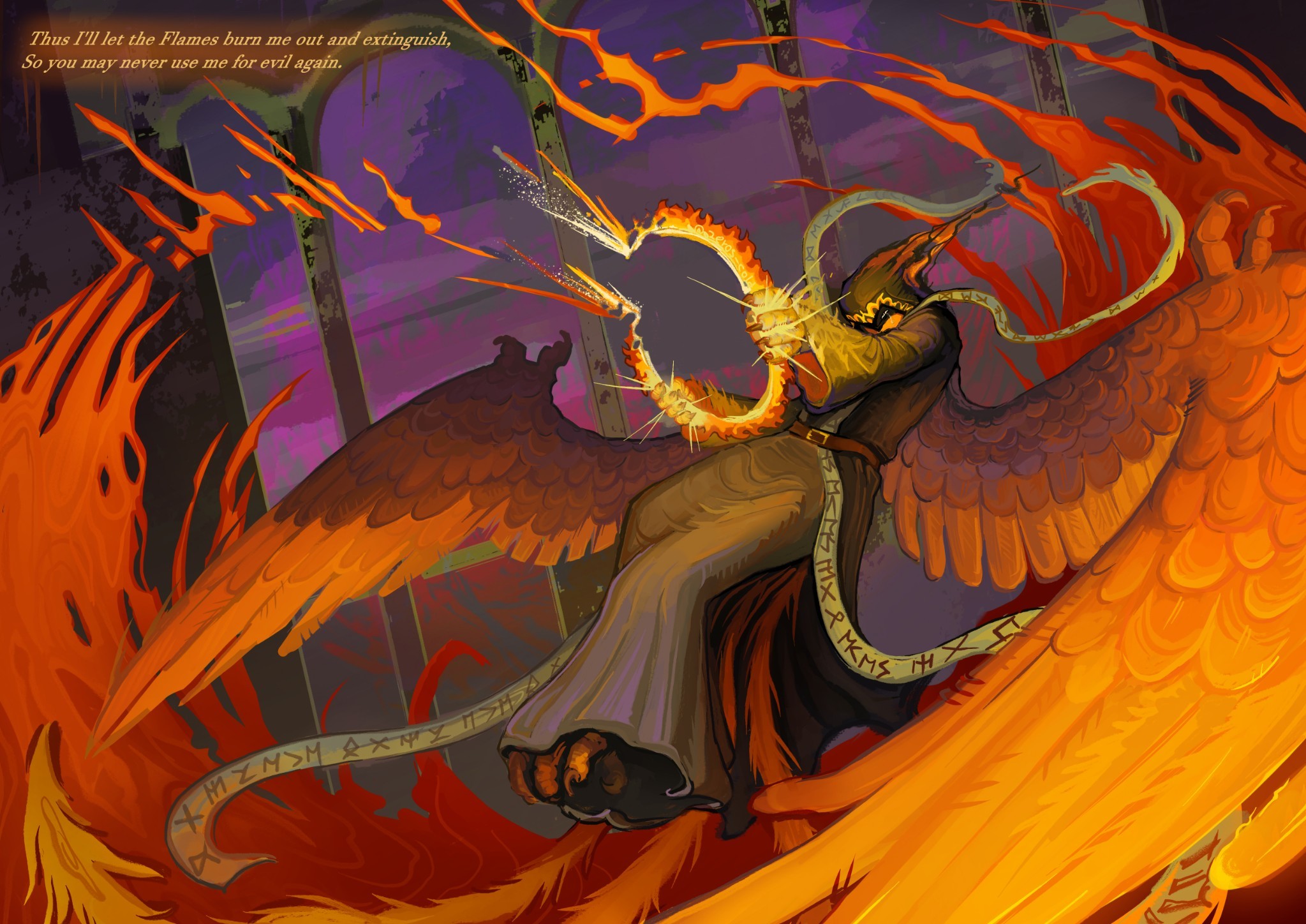 A winged Telamon holds a fiery ring amid sweeping orange flames