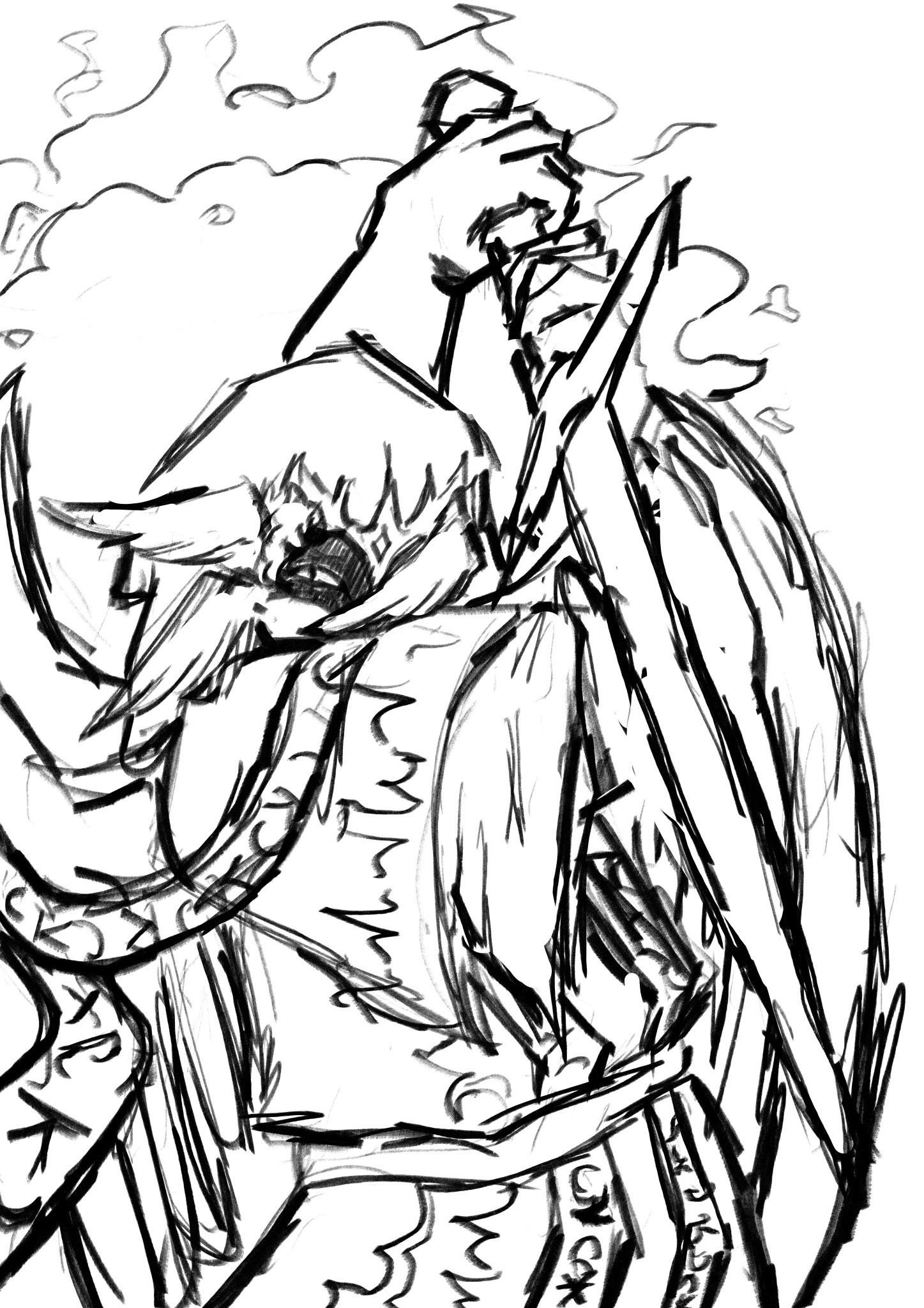 Expressive black ink sketch of Telamon with wings and sword