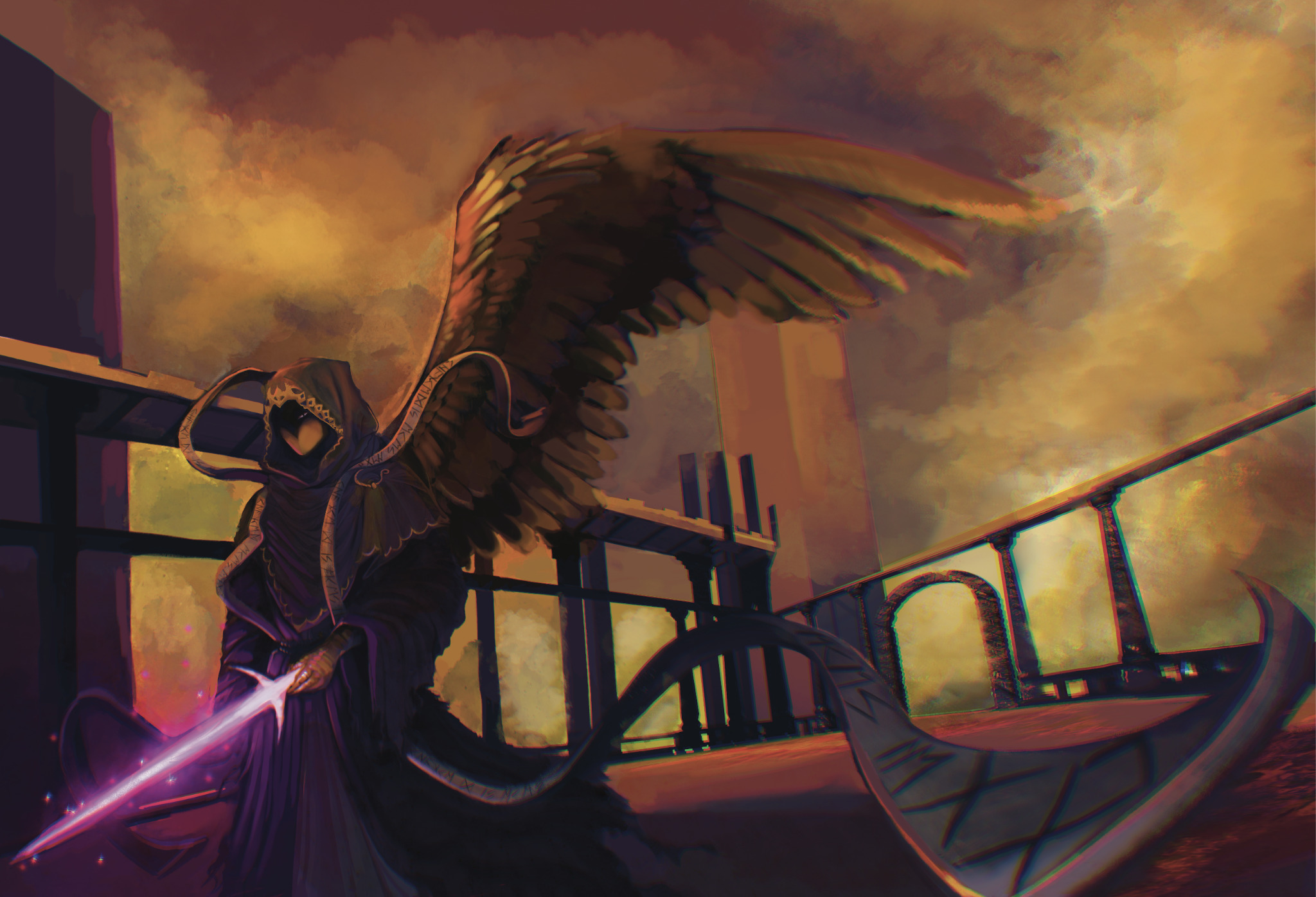 A winged Telamon holds a glowing sword on a bridge in the SFOTH arena