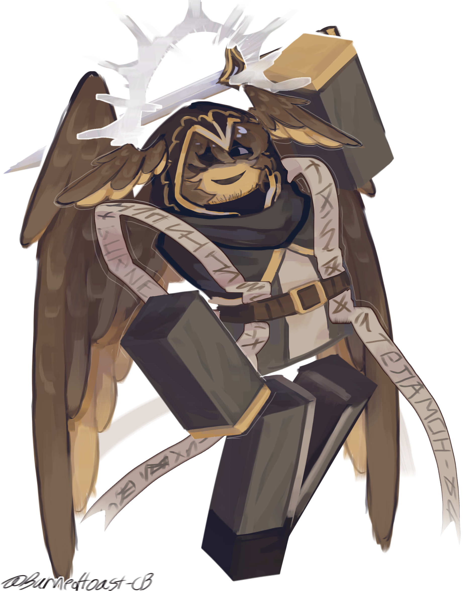 Painted portrait of a smiling blocky Telamon with wings and a sword