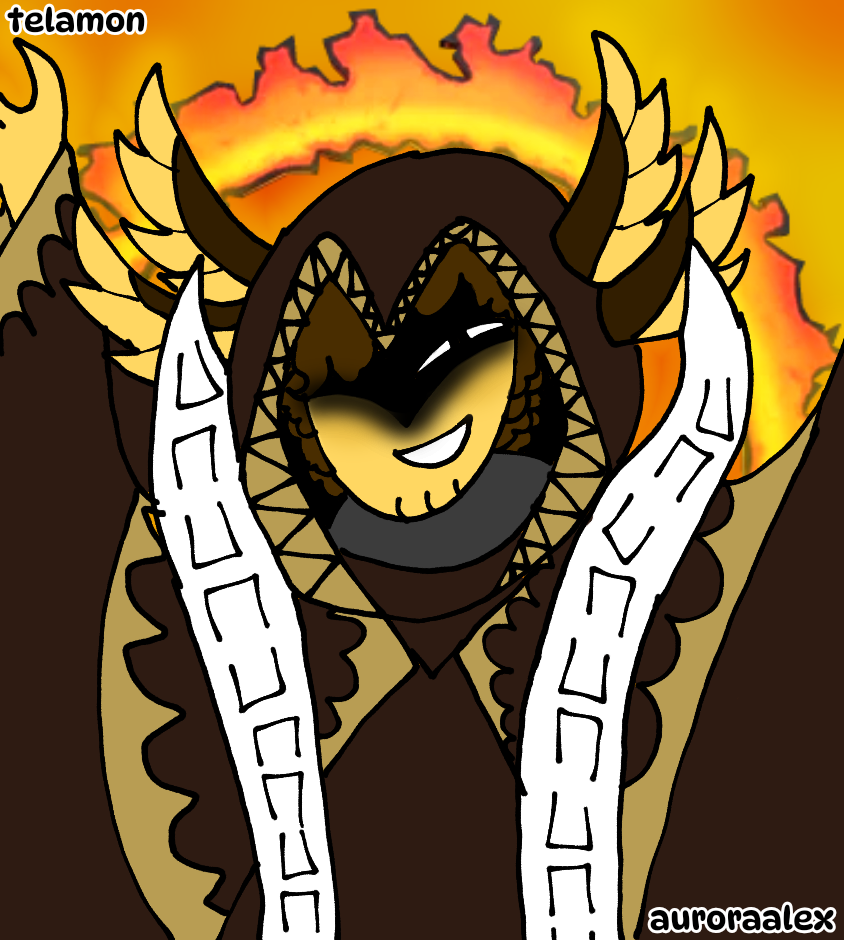 Smiling hooded Telamon with golden wings and a ring of fire behind him