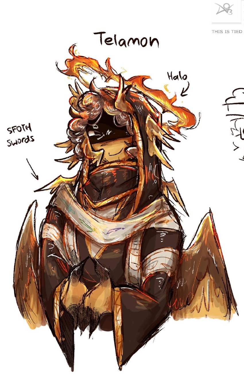 Loose orange and brown sketch of Telamon with sword details