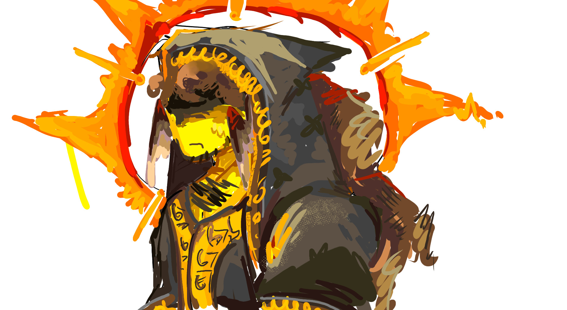 Painted hooded Telamon surrounded by a bright orange ring of fire