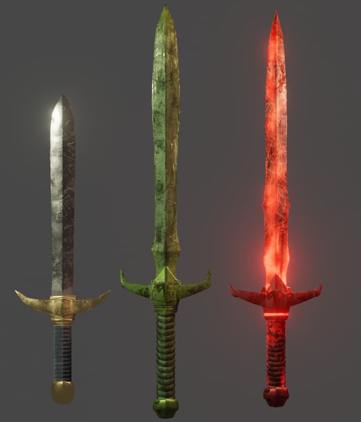 3D models of the Linked Sword, Venomshank, and Firebrand shown side by side