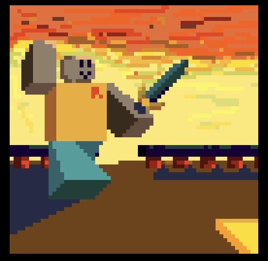 Pixel art of a sword fighter on a volcanic platform at sunset