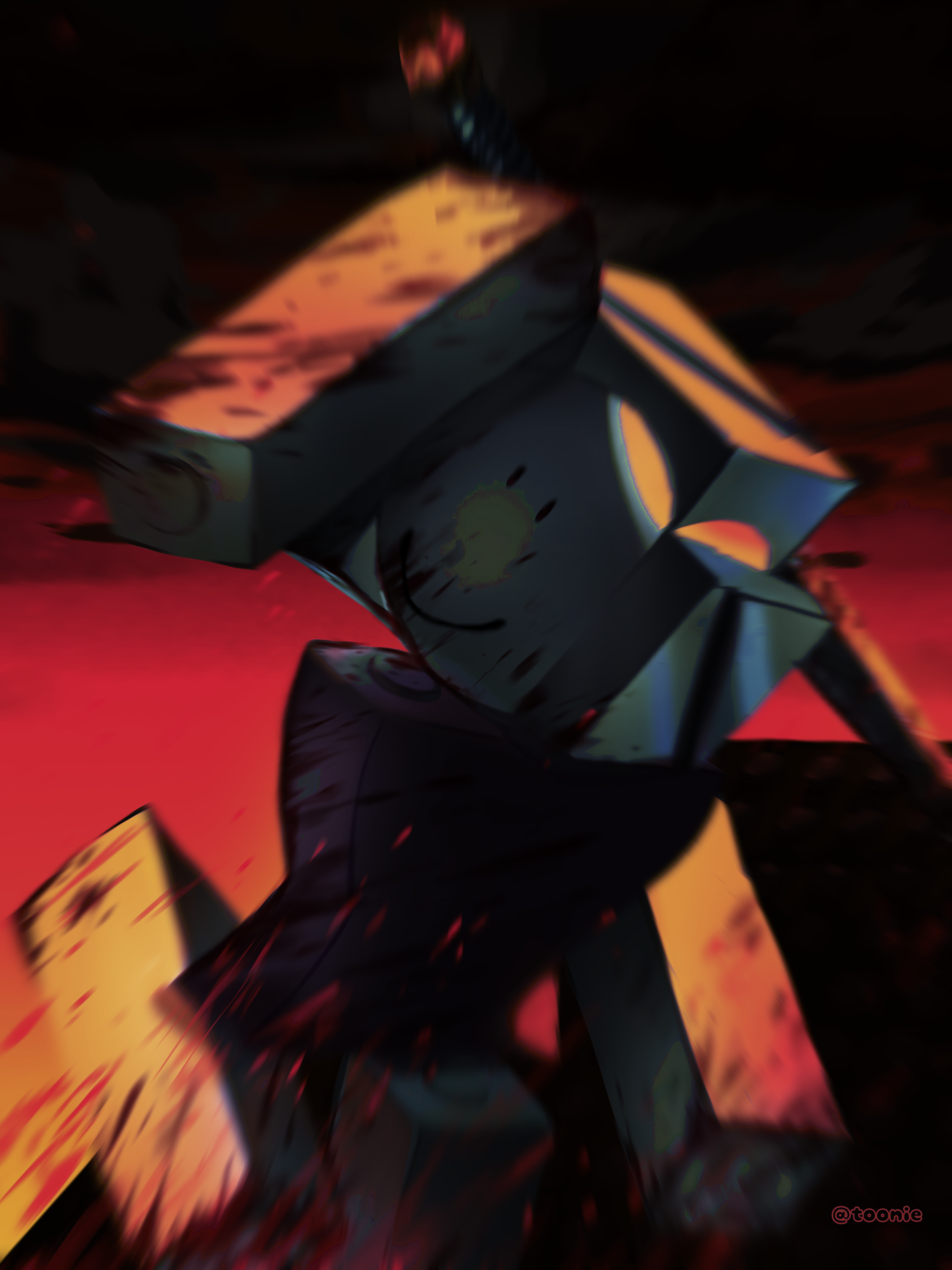 A dark Roblox sword fighter rushes through red and orange light
