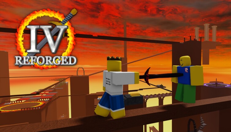 Two Roblox sword fighters face off on a narrow beam above the Reforged arena