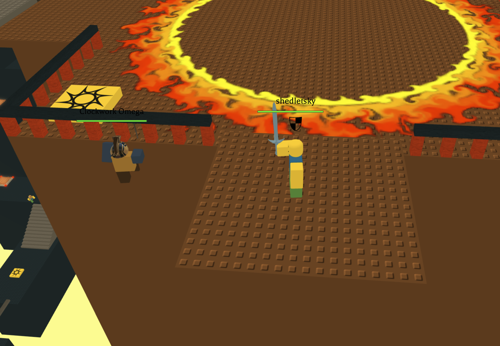 A yellow Roblox avatar with a sword faces Clockwork Omega beside the circular fire hazard on the original Heights map.