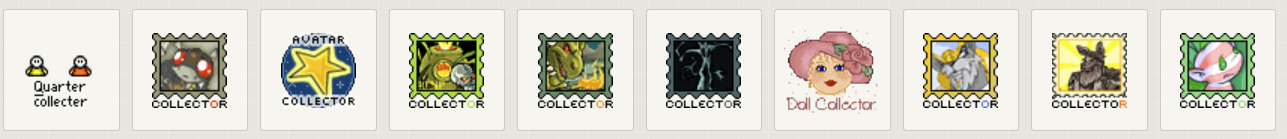 A row of collector-themed buddy icons, including a quarter collector, a doll collector, and several stamp-framed designs.