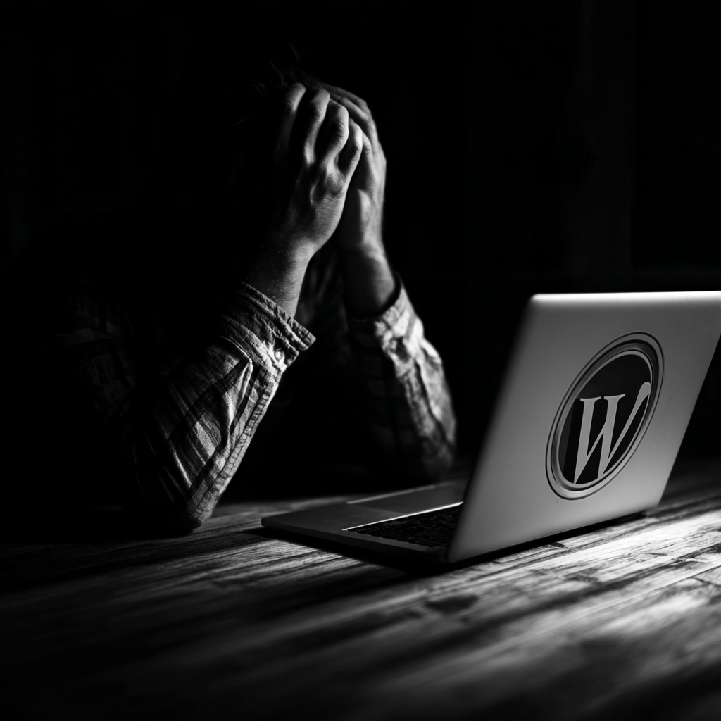 A person holds their head in their hands beside a laptop bearing the WordPress logo.